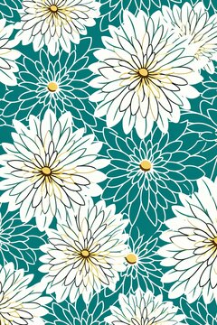 simple teal flower pattern, lino cut, hand drawn, fine art, line art, repetitive, flat vector art copy space blank photo background