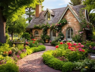 Fototapeta na wymiar front of a small brick home, a charming cottage garden blooms. Colorful flowers dance in the sunshine, surrounded by winding paths and quaint stone borders