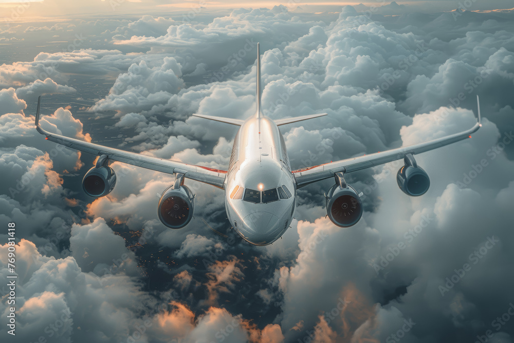 Poster a pilot navigating the aircraft through the clouds towards the distant airport runway. concept of av