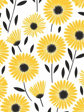 simple yellow flower pattern, lino cut, hand drawn, fine art, line art, repetitive, flat vector art copy space blank photo background
