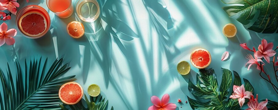 Tropical drink wallpapers adorned with lush leaves and vibrant flowers.