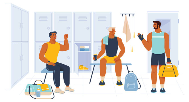 Young cheerful sportsmen in male locker room after gym training. Male athletes change clothes after workout. Flat vector illustration