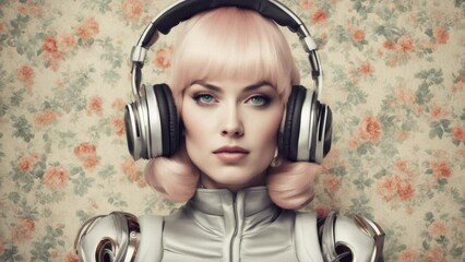 beautiful female cyborg with retro headphones - Powered by Adobe