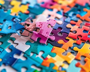 Capture the essence of strategy with a close-up of a hand piecing together colorful puzzle pieces, symbolizing creative problem-solving.