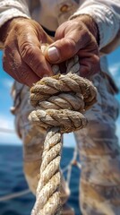 Highlight a sailor's hands expertly tying a nautical knot, emphasizing the precision and skill essential in maritime endeavors.