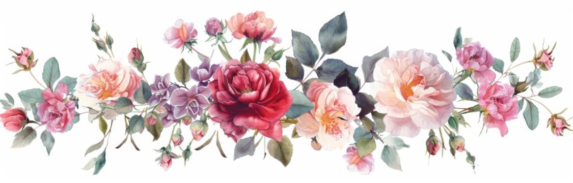 Horizontal garland of pink and red roses, pale green leaves, purple flowers, pink peonies, light yellow daisies, isolated on a white background, watercolor clipart style. 