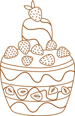 Hand draw sweet chocolate birthday cake with strawberry isolated on white background in line art style. Cute vector illustration. Pink, brown, red colors.Doodle style. Cake icon. Celebration, party.