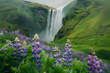 Waterfall cascades on hillside amidst purple flowers and green plants - obrazy, fototapety, plakaty