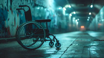 Empty wheelchair in a tunnel with graffiti background. Selective focus.