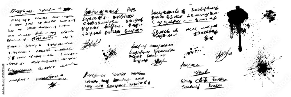 Fototapete handwriting text, vector old sketch notes, vintage written background, ink dirty splash diary blots.