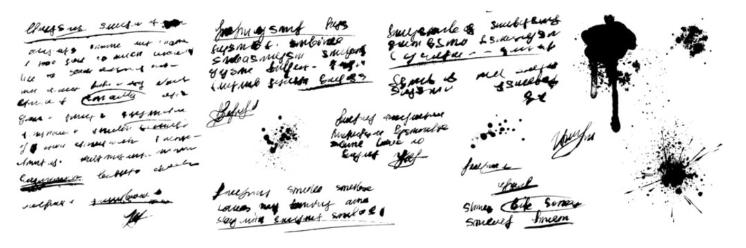 Handwriting text, vector old sketch notes, vintage written background, ink dirty splash diary blots. Pen scribble abstract texture calligraphy document, retro grunge paper. Handwriting text sign