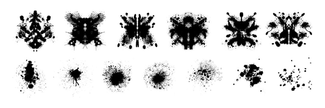 Ink blot psychology test set, vector symmetric paint splash spot, acrylic abstract dripped shapes. Mental exam imagination element, graffiti splatter liquid stain on white. Ink blot diagnosis design