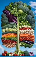 Variety of vegetables in shape of tree. Flat lay