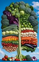 Variety of vegetables in shape of tree. Flat lay