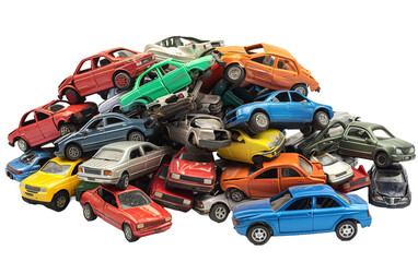 Fototapeta premium Pile of recycled waste cars isolated on white or transparent background