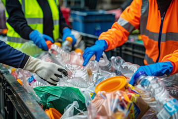 People in safety jackets and gloves sort through recycling in a conveyor belt. Generated AI