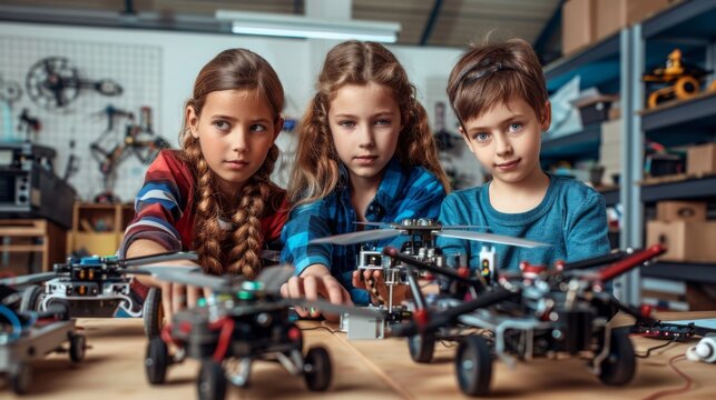 Group of three children focused on building drones in a robotics workshop, illustrating teamwork and innovation. Concept of education, technology, and collaboration.
