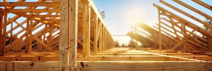 New Residential Housing Construction, Wooden Framing and Structures Under a Clear Blue Sky