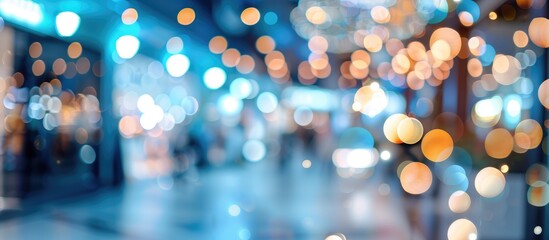 Colorful bokeh lights in a blurred environment with blue and white defocused interior.
