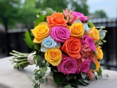 bunch of vibrant and diverse flowers come together, each boasting its own unique color and charm. From bold roses to delicate daisies, the bouquet is a celebration of nature's beauty and diversity. 