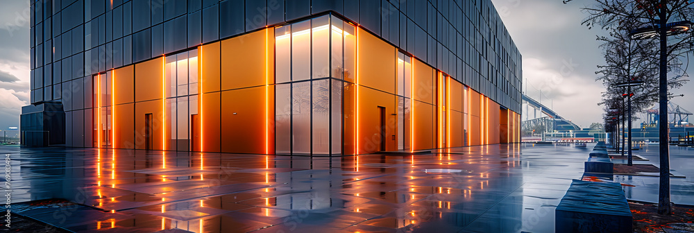 Poster night in the modern corridor: futuristic architecture, empty spaces with reflective surfaces