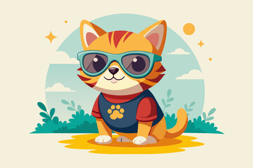 Fototapeta premium A playful and adorable vector illustration of a cat wearing oversized sunglasses and a cool t-shirt