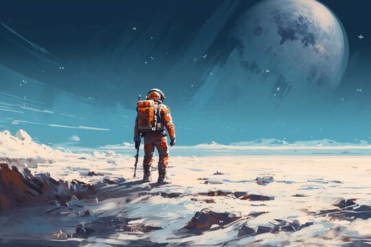 an astronaut standing on a snowy surface