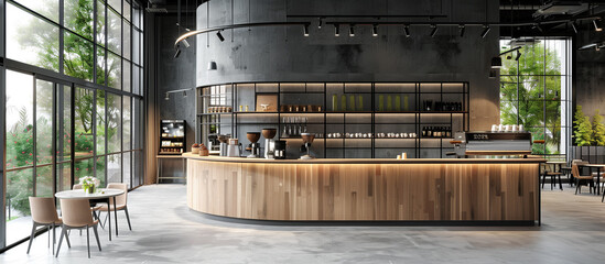 modern cozy interior design of industrial coffee shop cafe with stylish wooden round corner bar  - obrazy, fototapety, plakaty
