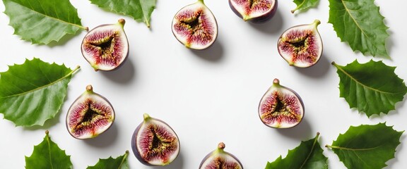 Fresh figs with green leaves on white background.