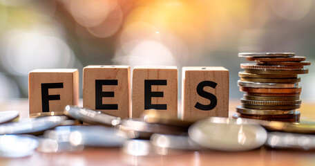 Wooden block with FEES text on blurred background. Business and finance concept.