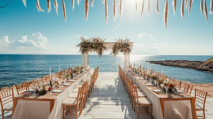 Beach wedding reception with a long table and chairs overlooking the ocean - obrazy, fototapety, plakaty