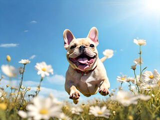 An exuberant French Bulldog with ears perked up and tongue lolling out
