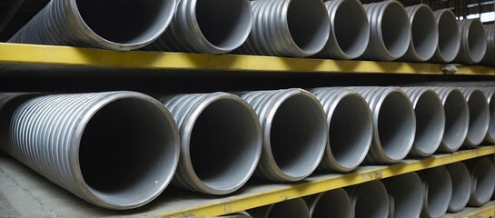 Steel pipe or aluminum and chrome stainless pipes in stack in warehouse - 769084004