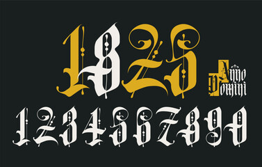 Arabic numerals from 0 to 9 from a Gothic style font. Latin phrase From the Nativity of Christ. - 769084072