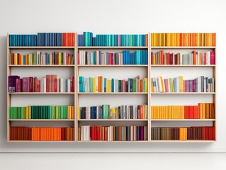 bookshelf mockup, rows of books line the shelves in a library, creating a haven for book lovers. The pristine white backdrop accentuates the colorful spines of the books,  - obrazy, fototapety, plakaty