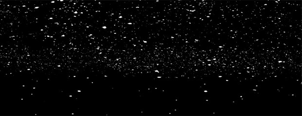 Snow, stars, twinkling lights, rain drops on black background. Abstract vector noise. Small particles of debris and dust. Distressed uneven grunge texture overlay.