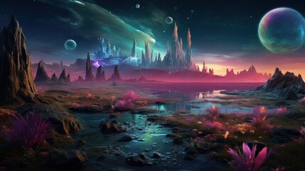 Lunar extraterrestrial scene: fantasy landscape with rocks, water and unusual flora and several satellites in the sky on an alien planet.