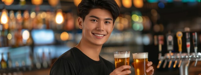 Portrait of an happy smiling Asian young man wearing a black tee, standing in a bar while holding two glasses of beer in his hands - obrazy, fototapety, plakaty