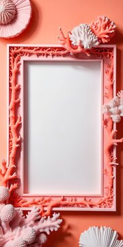 Photo frame with shells and corals. Home decoration