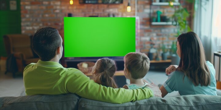 Family enjoying leisure time watching green screen TV on the couch. Generative AI - Powered by Adobe