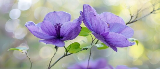 Vivid purple flowers are in full bloom on a branch, set against a softly blurred background in a serene natural setting