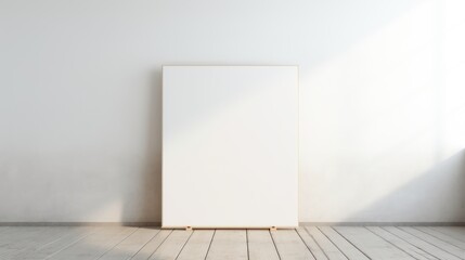 Blank canvas on a white easel, poised against a wooden floor and white wall-an open invitation to creativity.