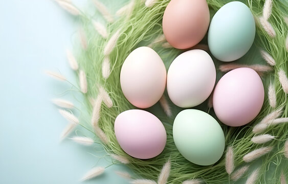Easter holiday colorful eggs and green grass on wooden table for