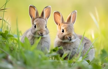 Foto op Aluminium two baby hares in green summer wood grass Easter holiday card © Oleksiy