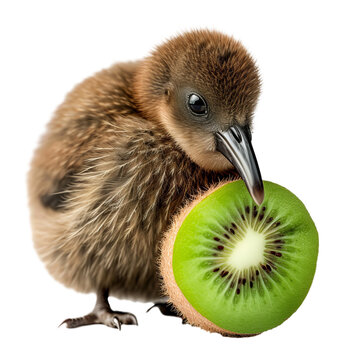 Kiwi bird chick and kiwi fruit isolated on white transparent background.