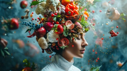 Profile of a woman with an artistic headdress made of assorted vegetables, fruits, and berries. Concepts: veganism, vegetarianism, eating disorders - obrazy, fototapety, plakaty