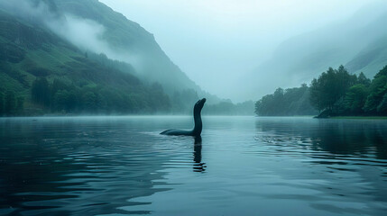 The mystical Loch Ness monster swims across the lake. - obrazy, fototapety, plakaty