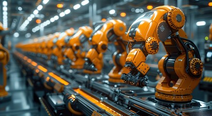 A high-tech automated assembly line featuring a series of identical orange robotic arms in an AI factory