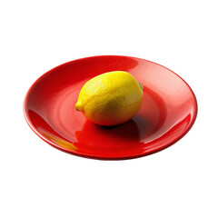 Lemon on a red plate. Isolated on a transparent background.