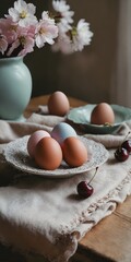 Easter eggs on rustic table with cherry blossoms - 769085076